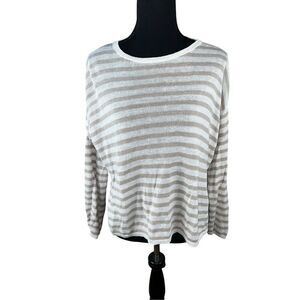 Eileen Fisher 100% linen Women's Small Sweater Long Sleeve Stripes Tan/White